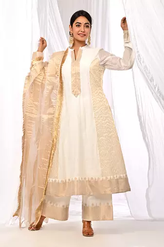 Off White Pure Chanderi  A Line Kurta Sets