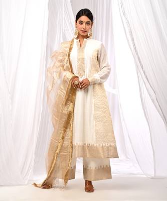 Off White Pure Chanderi  A Line Kurta Sets 5