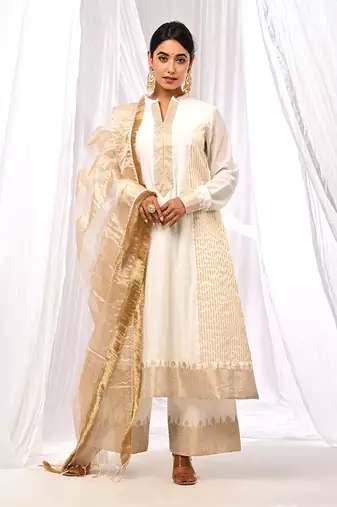 Off White Pure Chanderi  A Line Kurta Sets
