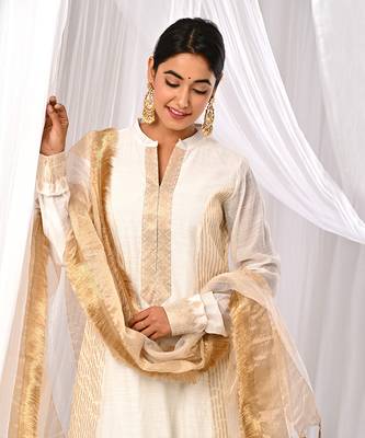 Off White Pure Chanderi  A Line Kurta Sets 6