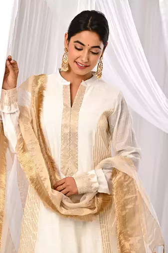 Off White Pure Chanderi  A Line Kurta Sets
