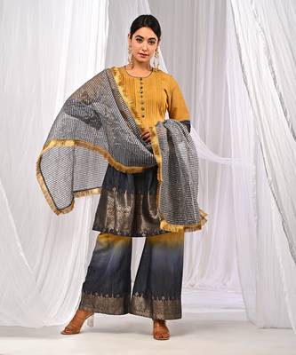 Shaded Mustard Navyblue  Pure Chanderi  Flaired A Line  Kurta Sets 1