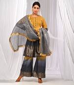 Shaded Mustard Navyblue  Pure Chanderi  Flaired A Line  Kurta Sets