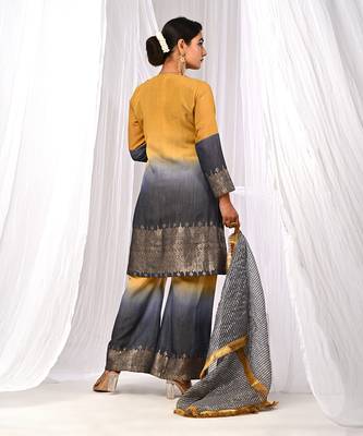 Shaded Mustard Navyblue  Pure Chanderi  Flaired A Line  Kurta Sets 2