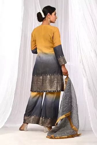 Shaded Mustard Navyblue  Pure Chanderi  Flaired A Line  Kurta Sets