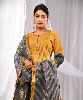 Shaded Mustard Navyblue  Pure Chanderi  Flaired A Line  Kurta Sets 3