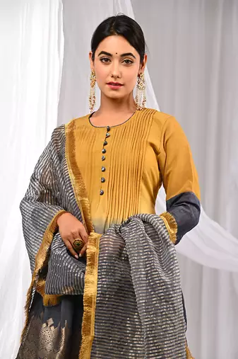 Shaded Mustard Navyblue  Pure Chanderi  Flaired A Line  Kurta Sets