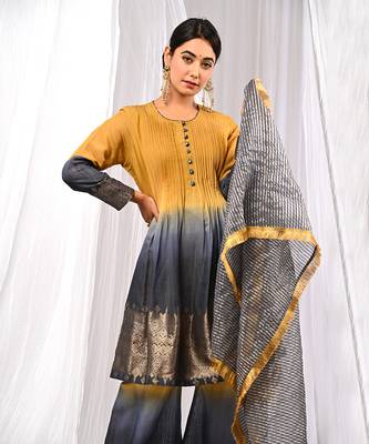 Shaded Mustard Navyblue  Pure Chanderi  Flaired A Line  Kurta Sets 4