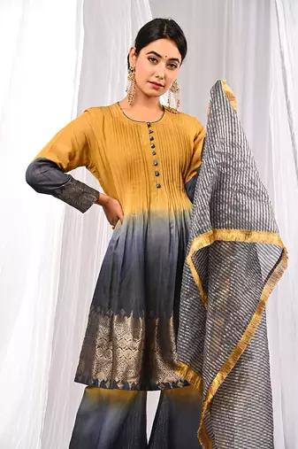 Shaded Mustard Navyblue  Pure Chanderi  Flaired A Line  Kurta Sets