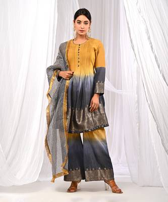 Shaded Mustard Navyblue  Pure Chanderi  Flaired A Line  Kurta Sets 5