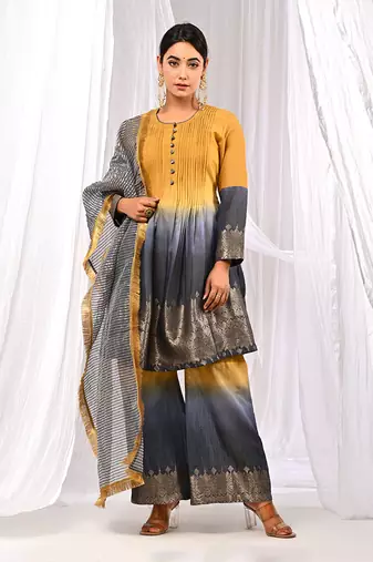 Shaded Mustard Navyblue  Pure Chanderi  Flaired A Line  Kurta Sets