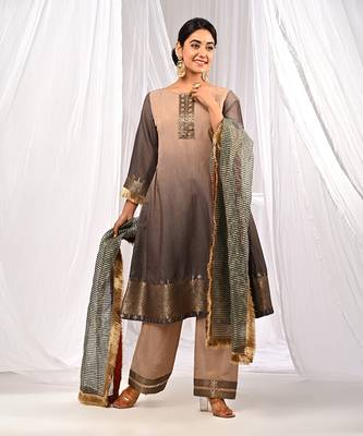 Shaded Brown Tones  Pure Chanderi  A Linr  Kurta Sets 1