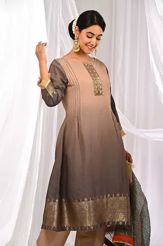 Shaded Brown Tones  Pure Chanderi  A Linr  Kurta Sets