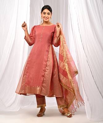 Onion Peach Pure Chanderi  A Line  Kurta Sets 1
