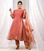 Onion Peach Pure Chanderi  A Line  Kurta Sets