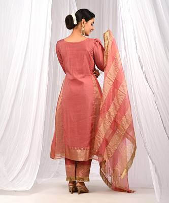 Onion Peach Pure Chanderi  A Line  Kurta Sets 2