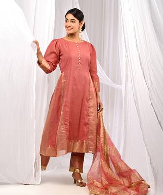 Onion Peach Pure Chanderi  A Line  Kurta Sets 3