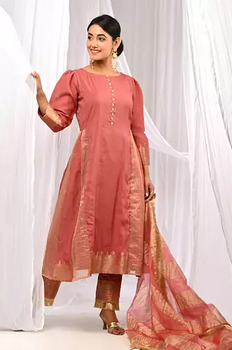Onion Peach Pure Chanderi  A Line  Kurta Sets