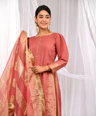 Onion Peach Pure Chanderi  A Line  Kurta Sets 4