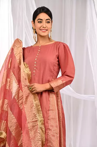 Onion Peach Pure Chanderi  A Line  Kurta Sets