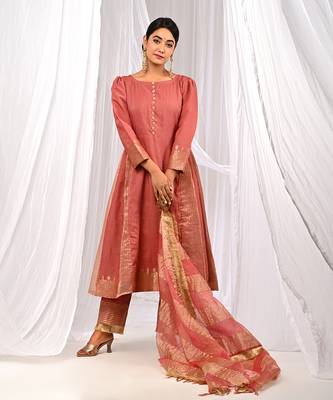 Onion Peach Pure Chanderi  A Line  Kurta Sets 5