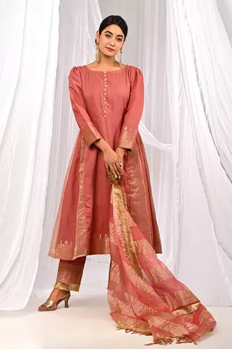 Onion Peach Pure Chanderi  A Line  Kurta Sets