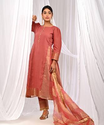 Onion Peach Pure Chanderi  A Line  Kurta Sets 6