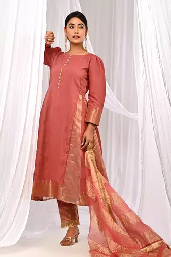 Onion Peach Pure Chanderi  A Line  Kurta Sets