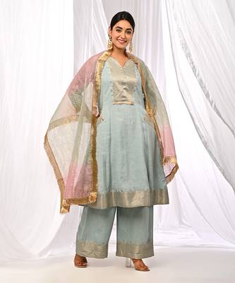 Powder Blue  Pure Chanderi  A Line  Kurta Sets 1
