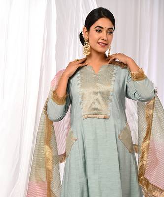 Powder Blue  Pure Chanderi  A Line  Kurta Sets 3