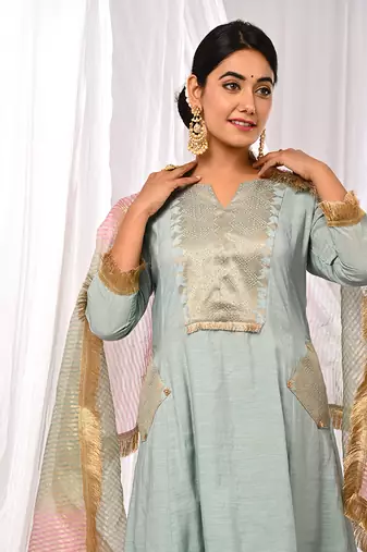 Powder Blue  Pure Chanderi  A Line  Kurta Sets
