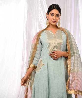 Powder Blue  Pure Chanderi  A Line  Kurta Sets 4