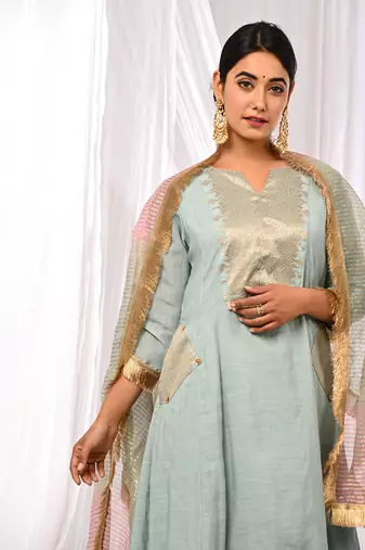 Powder Blue  Pure Chanderi  A Line  Kurta Sets