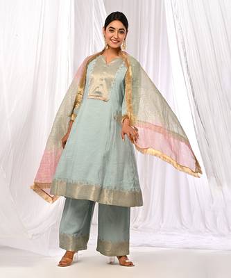 Powder Blue  Pure Chanderi  A Line  Kurta Sets 5