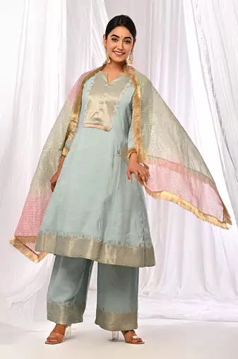 Powder Blue  Pure Chanderi  A Line  Kurta Sets