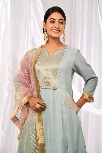 Powder Blue  Pure Chanderi  A Line  Kurta Sets