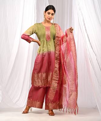 Shaded Green Wine  Pure Chanderi  Flaired A Line  Kurta Sets 1