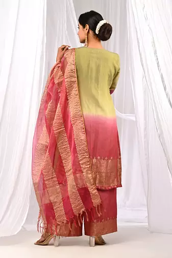 Shaded Green Wine  Pure Chanderi  Flaired A Line  Kurta Sets
