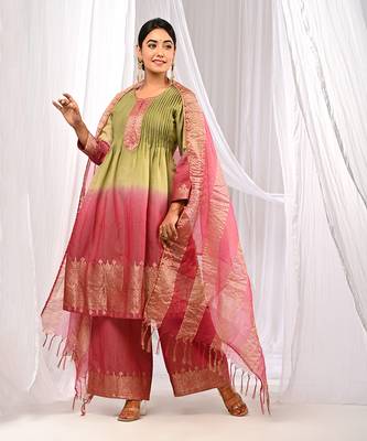 Shaded Green Wine  Pure Chanderi  Flaired A Line  Kurta Sets 3