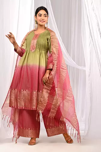 Shaded Green Wine  Pure Chanderi  Flaired A Line  Kurta Sets