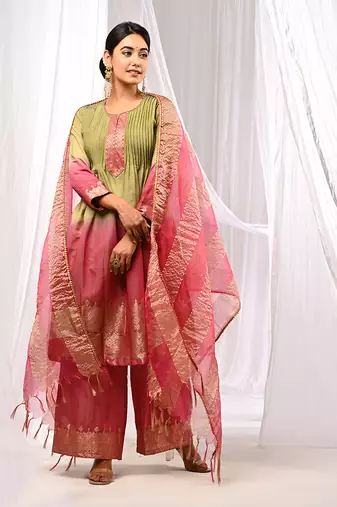 Shaded Green Wine  Pure Chanderi  Flaired A Line  Kurta Sets