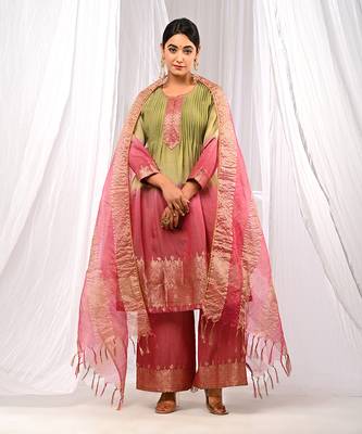 Shaded Green Wine  Pure Chanderi  Flaired A Line  Kurta Sets 5