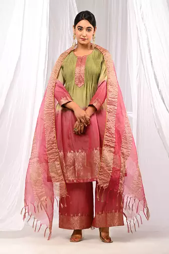 Shaded Green Wine  Pure Chanderi  Flaired A Line  Kurta Sets