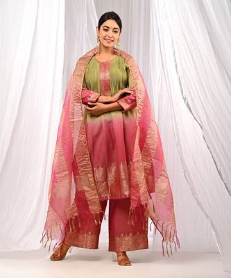 Shaded Green Wine  Pure Chanderi  Flaired A Line  Kurta Sets 6