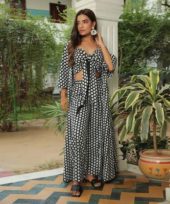 Jet Black  Polka Jacket With Front Tie Up Top And Pant Set 1