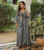 Jet Black  Polka Jacket With Front Tie Up Top And Pant Set