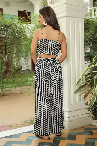 Jet Black  Polka Jacket With Front Tie Up Top And Pant Set