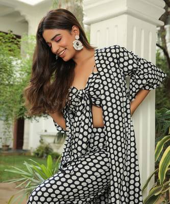 Jet Black  Polka Jacket With Front Tie Up Top And Pant Set 6