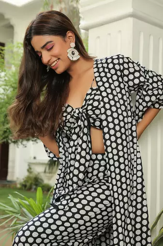 Jet Black  Polka Jacket With Front Tie Up Top And Pant Set