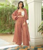 Copper Brown Bubble Print Cape With Bichrome Top And Pant Set